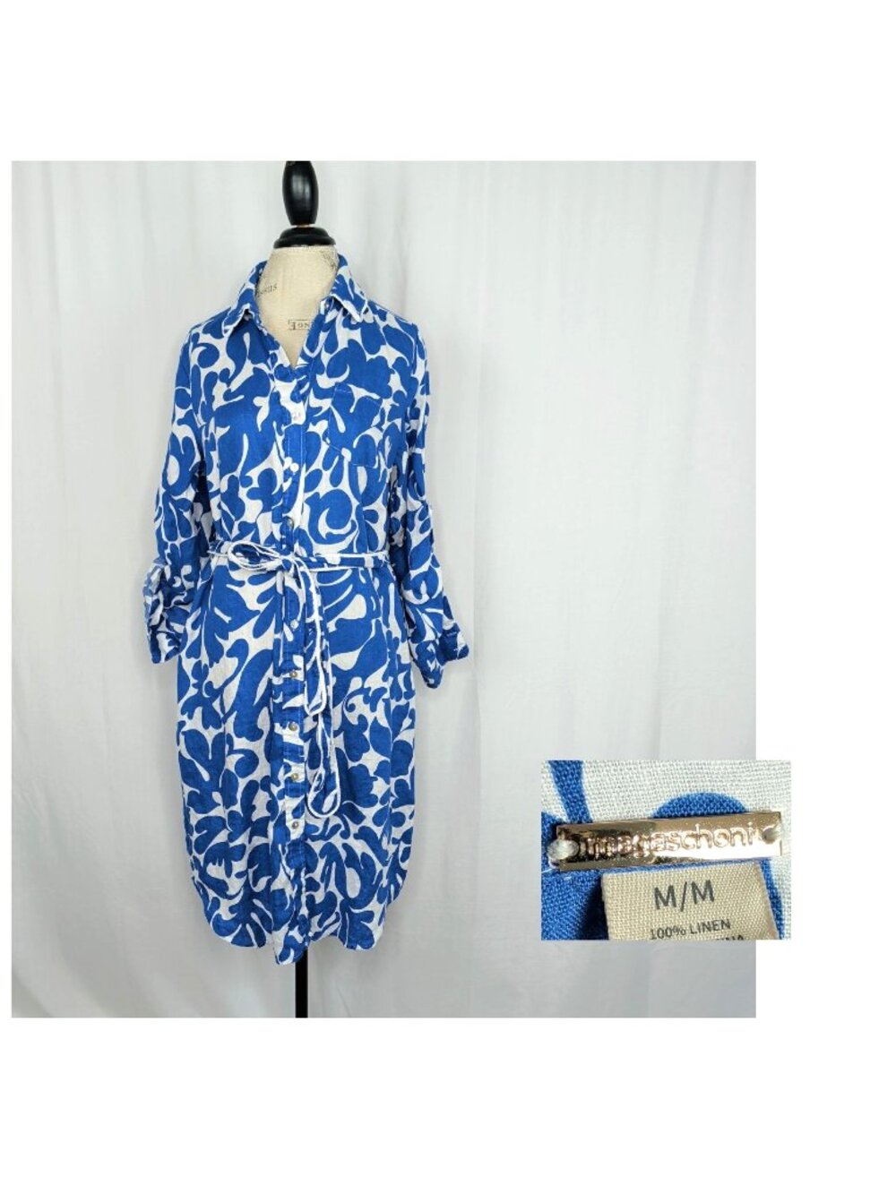 Magaschoni Blue White Linen Dress Medium Midi Button